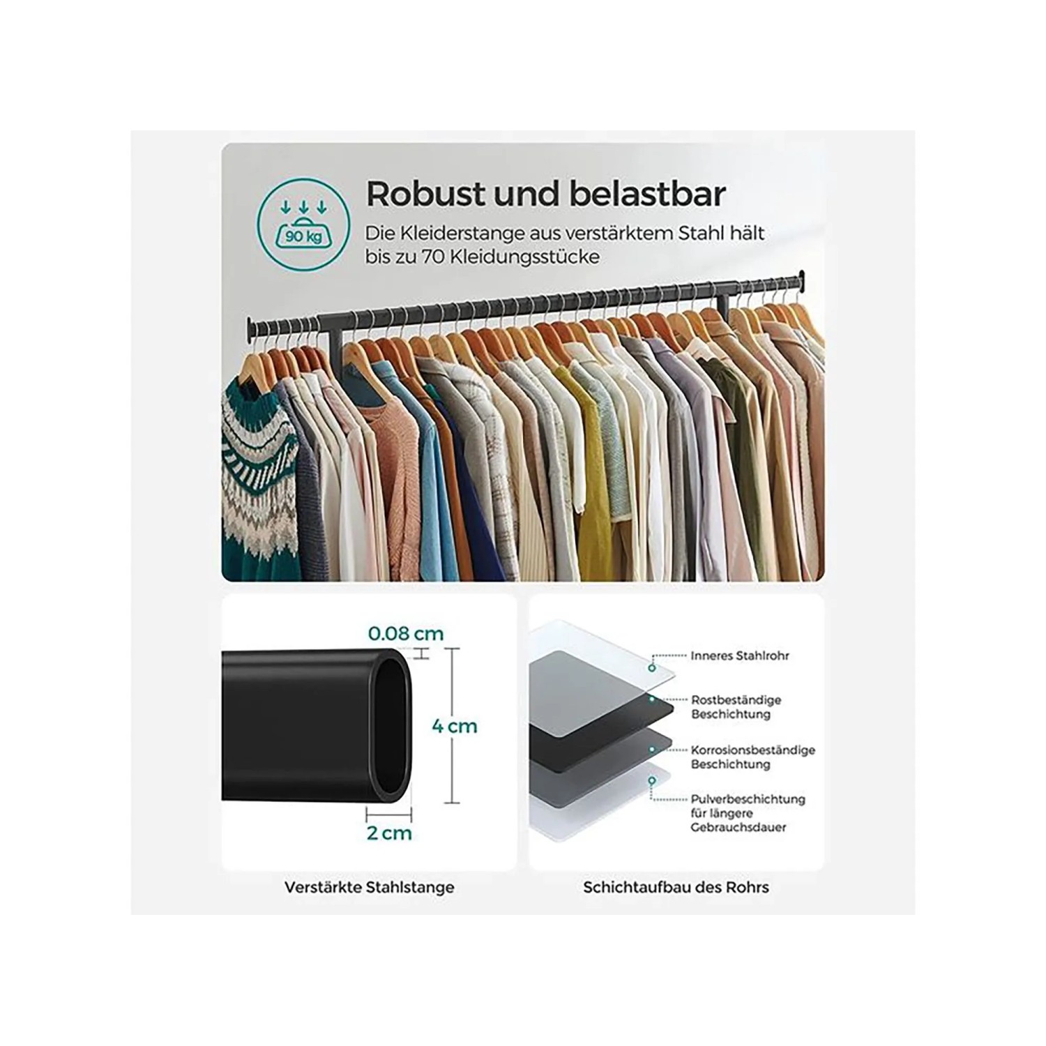 Schwarzer, ausziehbarer Songmics Kleiderständer Pataye mit Kleidung.
