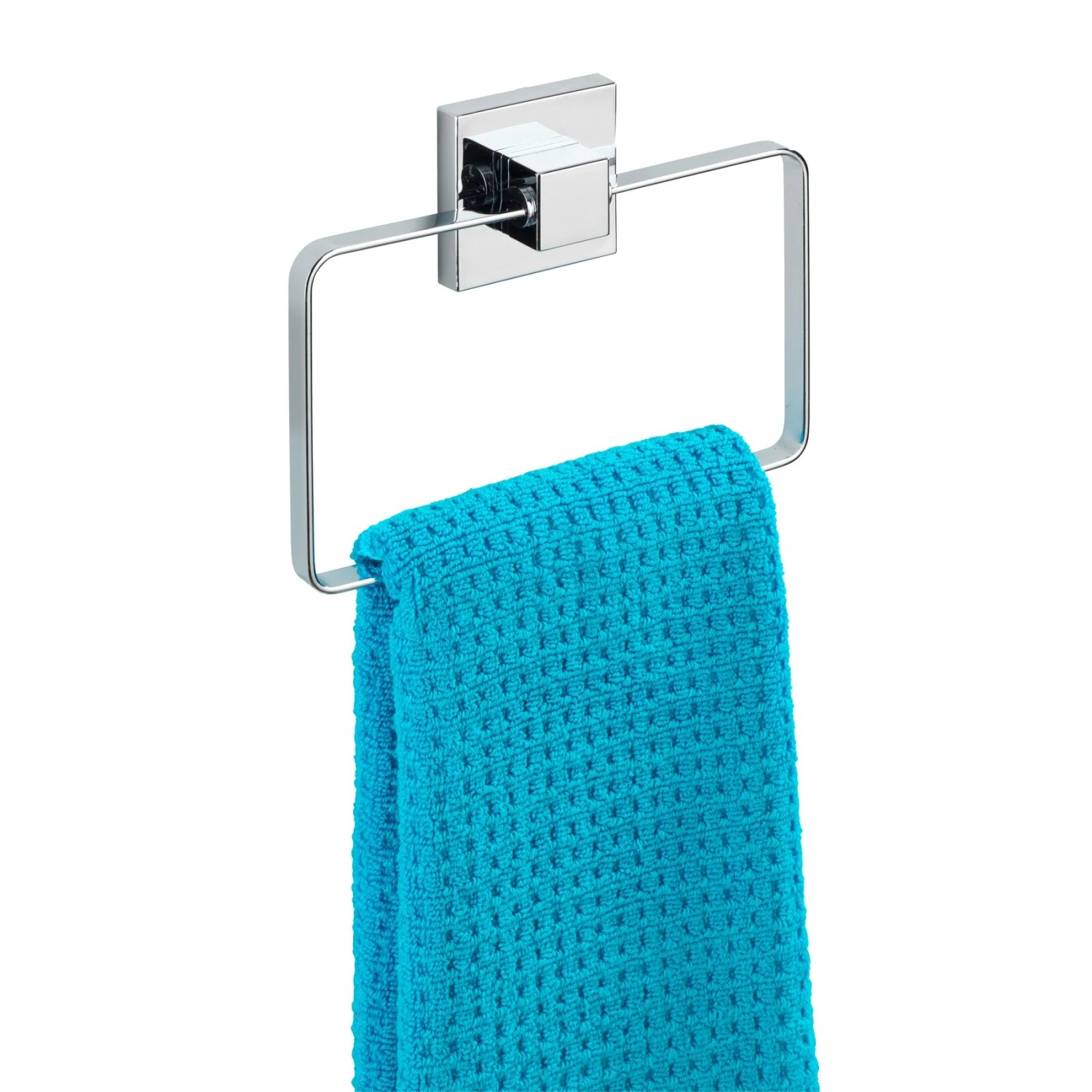 Wenko Quadro Handtuchring aus Edelstahl mit blauem Handtuch. Moderner Handtuchhalter für Bad.