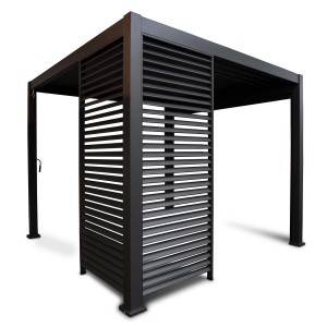 Louvre Wand 113 cm für Terrassenüberdachung mit horizontalen Lamellen als Sichtschutz.