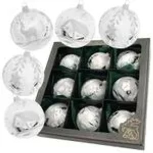 9 silberne Christbaumkugeln (Ø 8cm) mit Eislack von Krebs Glas Lauscha im Set.