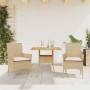 Beige 3-tlg. Garten Essgruppe aus Rattan mit Akazientisch und Kissen.