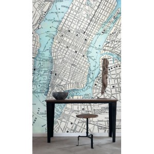 ESTAhome Fototapete mit altem Stadtplan von New York in Grau und Blau.