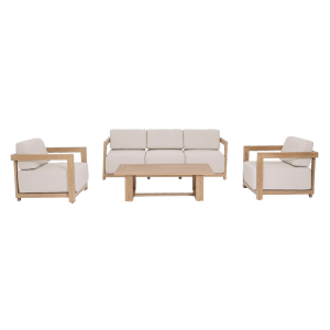 Loungeset THESEUS in Holzoptik mit Sofa, zwei Sesseln und Tisch für den Garten.