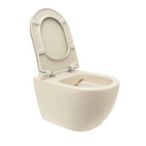 Beiges, mattes Vitra Wand-WC Project spülrandlos mit SoftClose WC-Sitz, offen. Modernes Hänge-WC für Bäder.