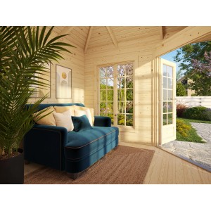 Innenansicht: Palmako Holz-Pavillon Melanie mit Fenster und Tür zum Garten.