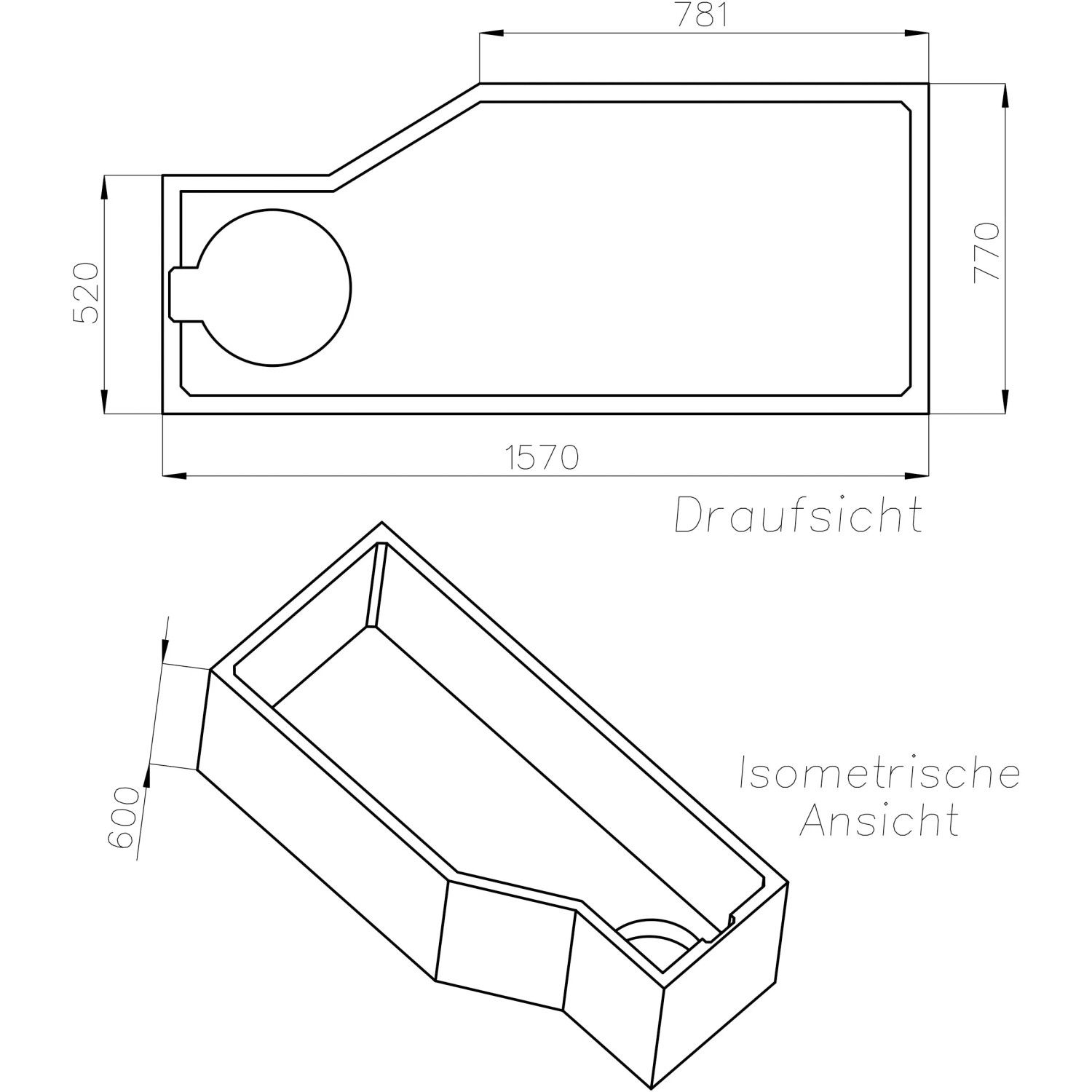 Technische Zeichnung Ottofond Wannenträger Cello 160 cm Typ B mit Maßen.
