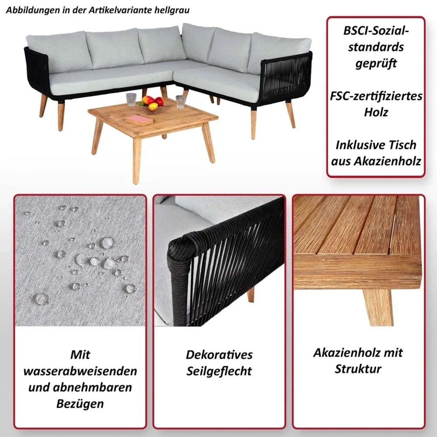 L-förmige Garten-Lounge mit dunkelgrauen Polstern, schwarzem Seilgeflecht und Akazienholz-Tisch.