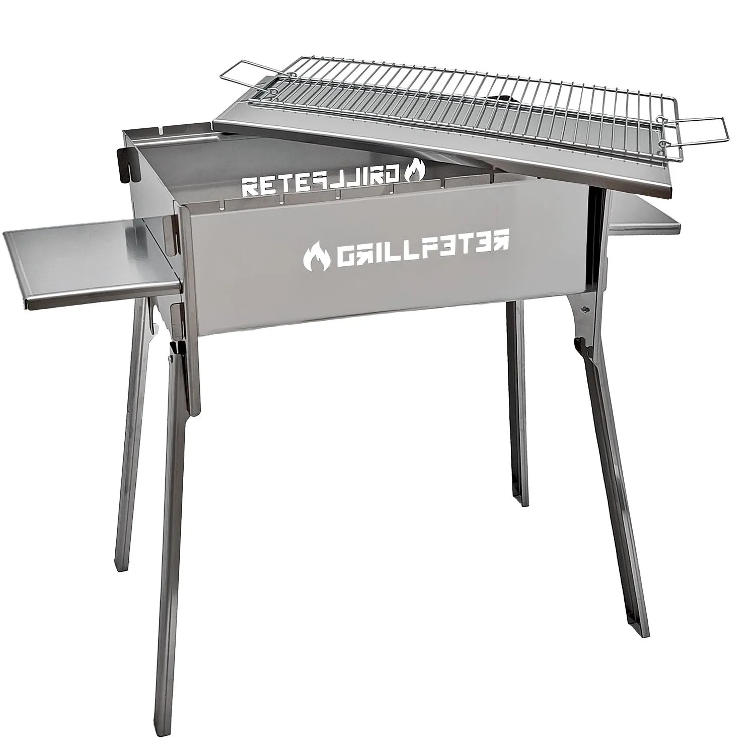 Grillpeter Mangal Izmir Schaschlikgrill aus Edelstahl mit Ablagen und Grillrost.