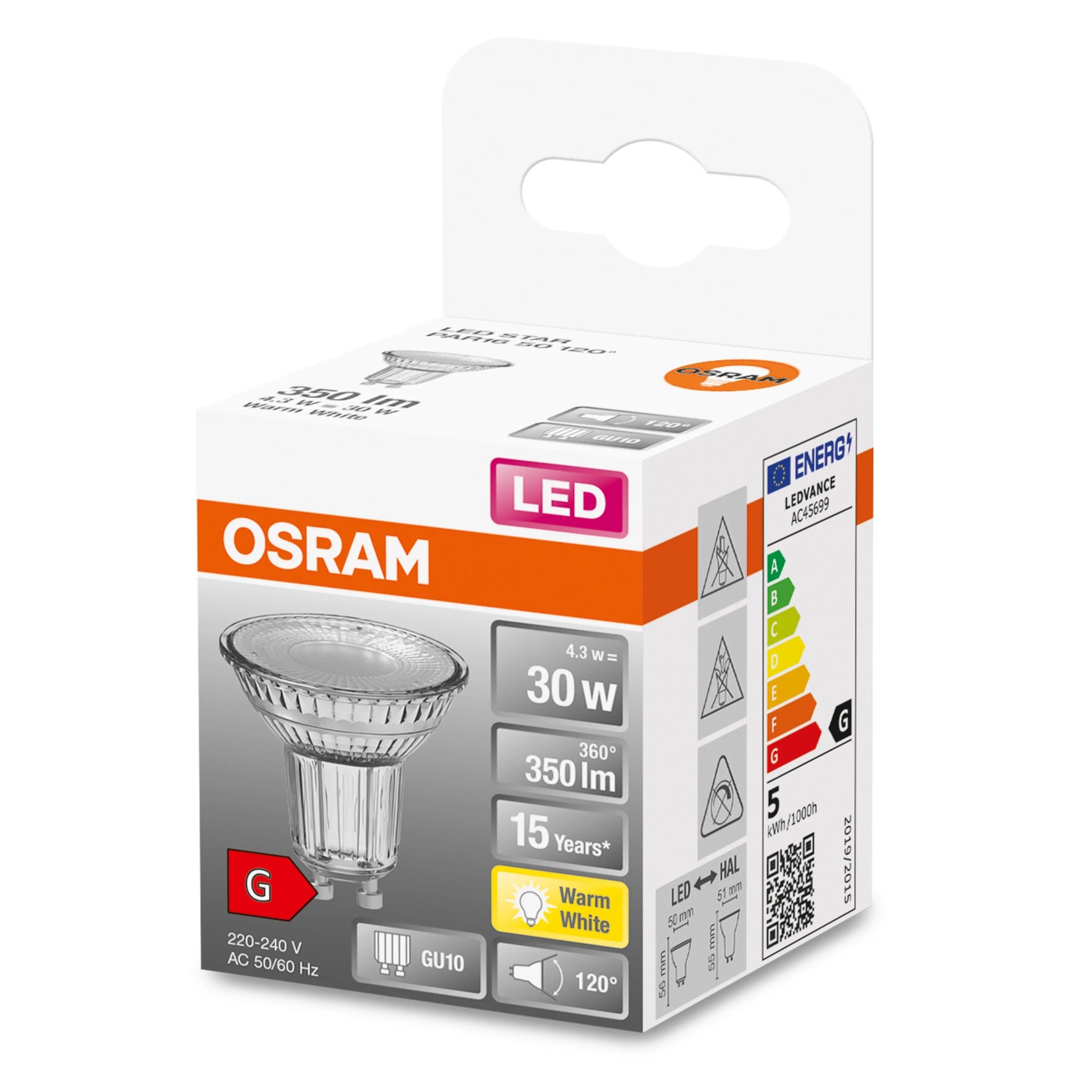 Osram GU10 LED-Lampe, 4,3W, warmweiß, 350 Lumen. Kompaktes Leuchtmittel für Wohnräume.