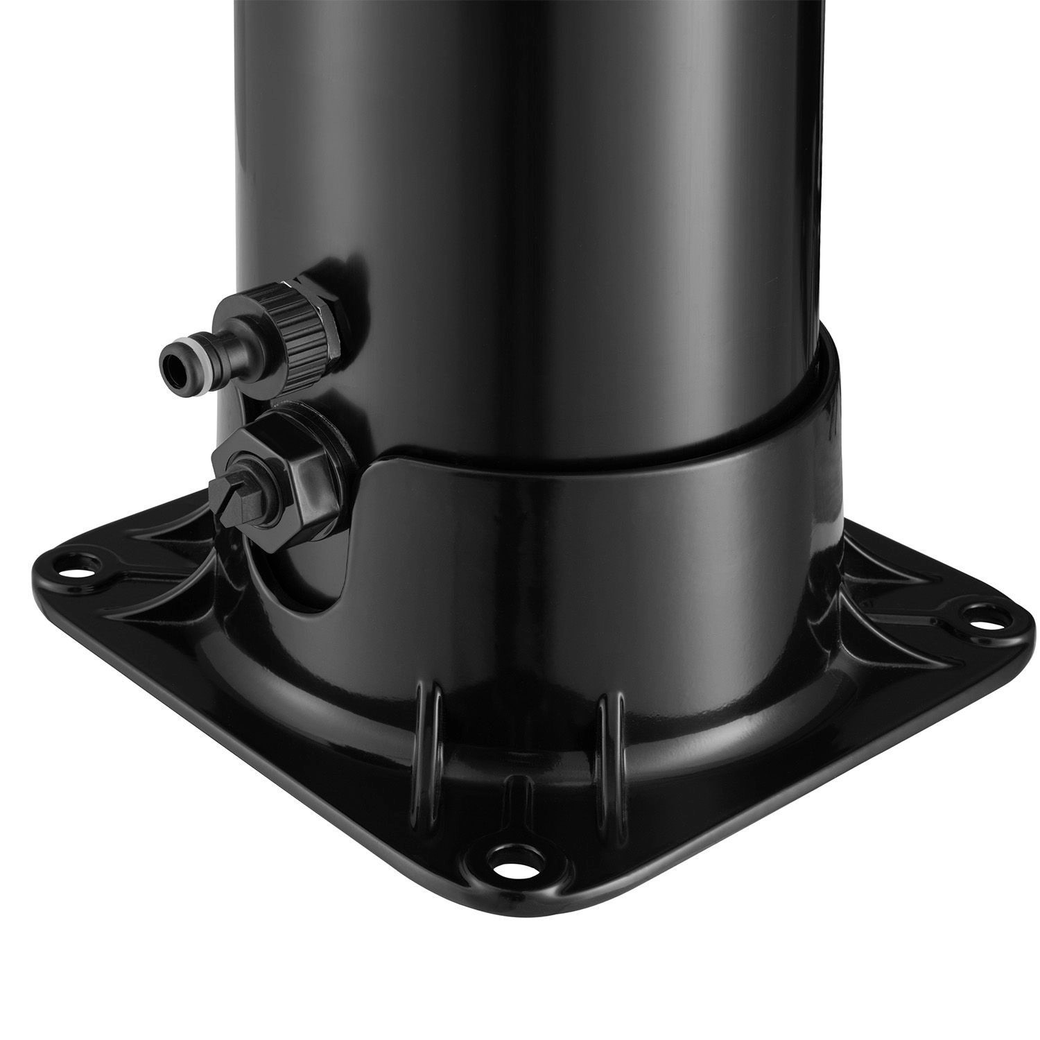 Detailaufnahme: Schwarze Juskys Solardusche Victoria, Basis mit Gartenschlauchanschluss.
