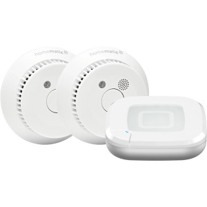 Homematic IP Starter Set Rauchwarnmelder: 2 Rauchmelder und 1 Access Point in Weiß.