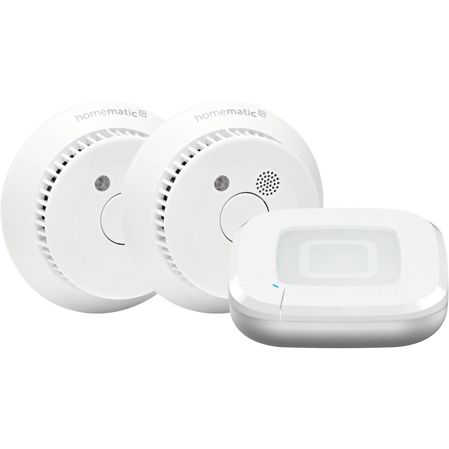Homematic IP Starter Set Rauchwarnmelder: 2 Rauchmelder und 1 Access Point in Weiß.