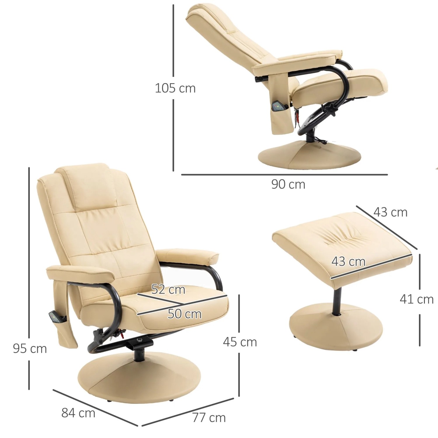 Cremefarbener Massagesessel mit Hocker, elektrischer Liegefunktion und Fernbedienung. Komfortabler Loungesessel.