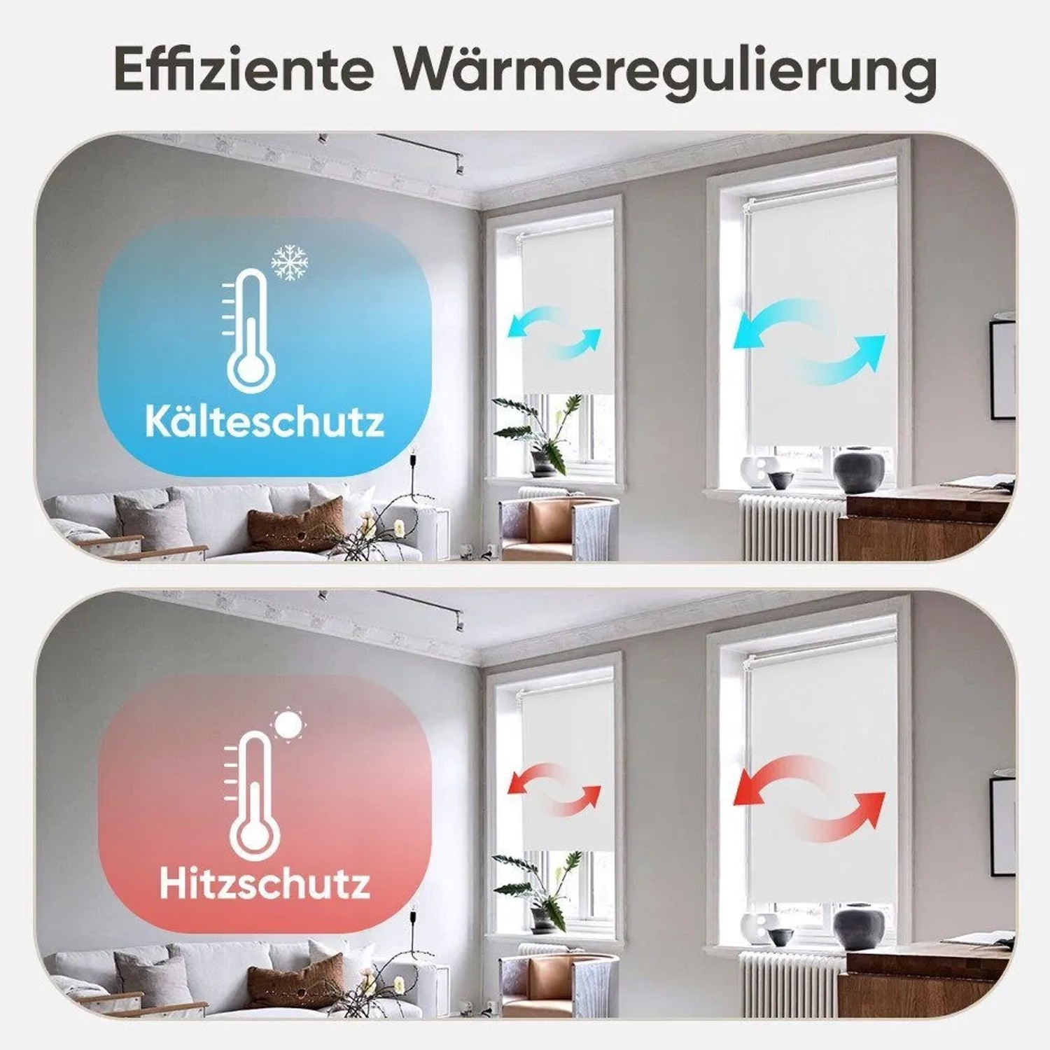 Weißes Seitenzugrollo zur Verdunkelung, bietet effiziente Wärmeregulierung, Kälte- und Hitzeschutz am Fenster.
