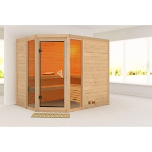 Karibu Sauna Sanna 3 Natur aus Fichte mit Glastür und Liegen im Innenraum.