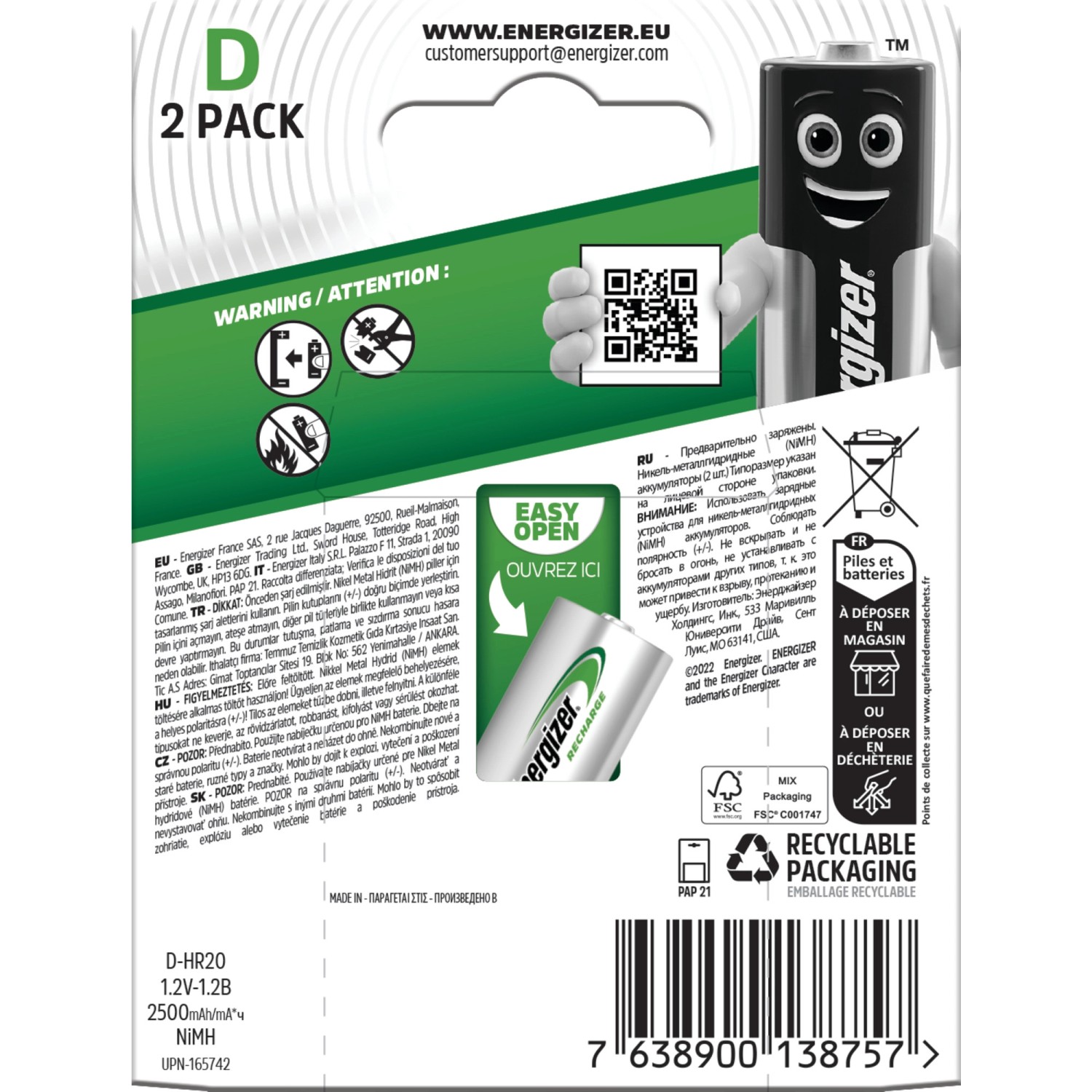 Energizer Power Plus D Mono Akkus, 2er-Packung, 2500 mAh, für Standardgeräte.