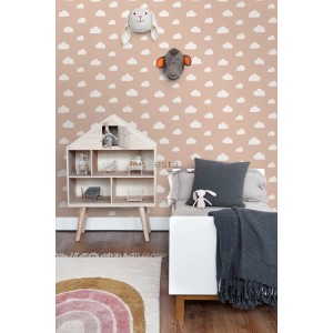 ESTAhome Vliestapete Kleine Wolken Terrakottarosa. Dekorative Tapete mit weißen Wolken im Kinderzimmer.