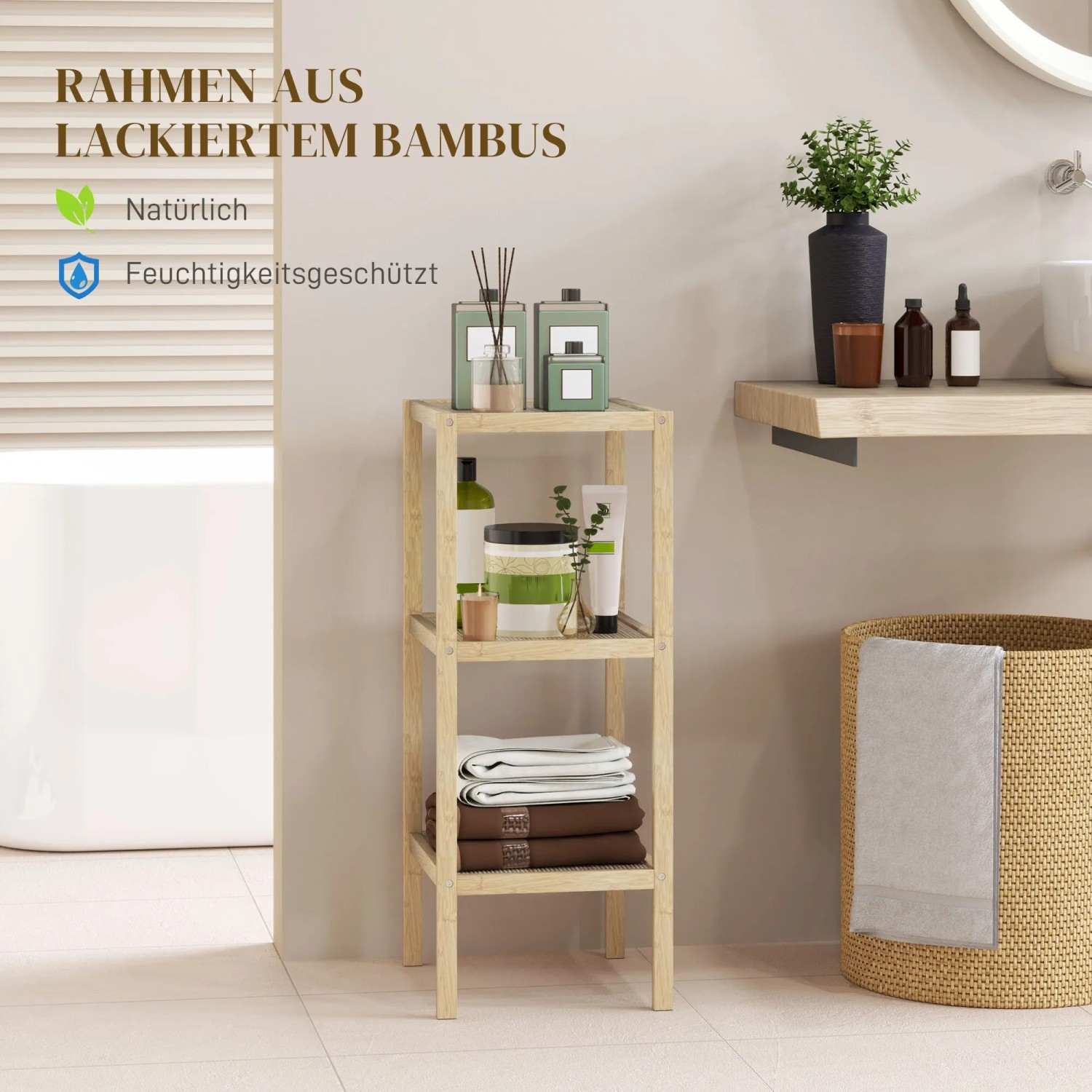 HOMCOM Badregal aus Bambus mit 3 Ebenen, Naturholz-Optik. Praktische Badablage für mehr Stauraum.