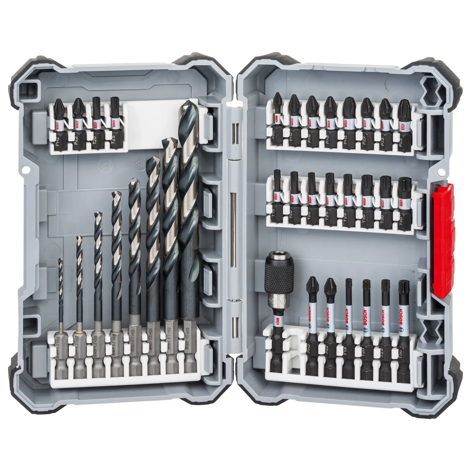 Bosch 35-tlg. Metallbohrer- und Schrauberbit-Set im geöffneten Koffer.