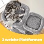 Grauer Feandrea Kratzbaum (206 cm) mit Katze auf weicher Plattform. Katzenmöbel für Kletterspaß.