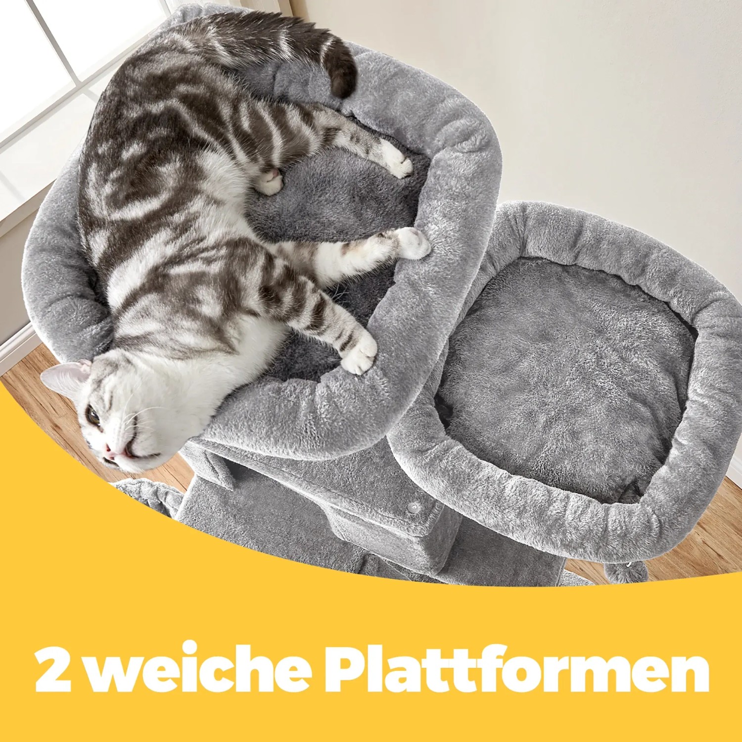 Grauer Feandrea Kratzbaum (206 cm) mit Katze auf weicher Plattform. Katzenmöbel für Kletterspaß.