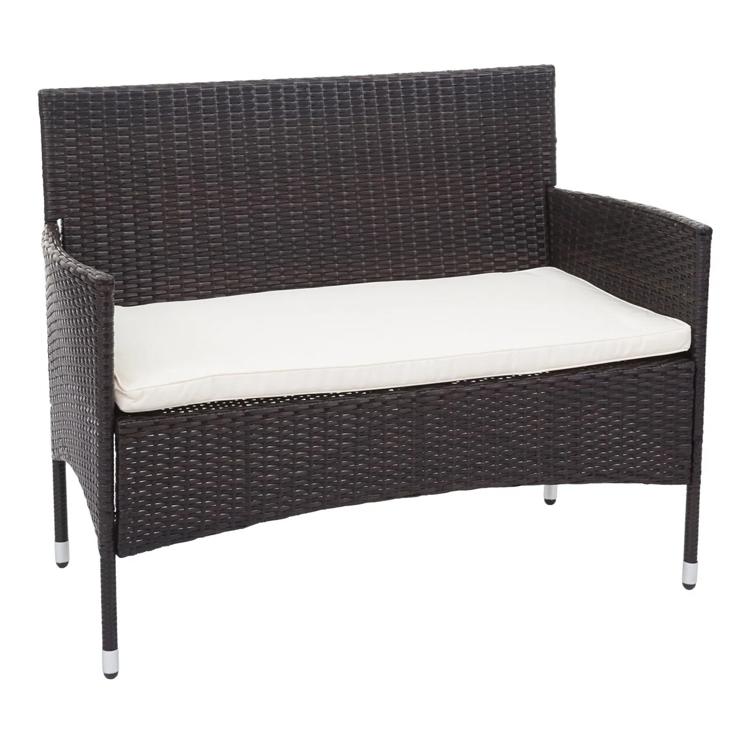 Braune Poly-Rattan Gartenbank mit creme Sitzkissen, Teil der 4-teiligen MCW Garnitur F55.