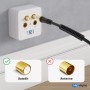 Schwarzes hb-digital SAT Kabel mit vergoldetem F-Stecker an weißer Antennendose. Zeigt korrekte SAT-Verbindung.