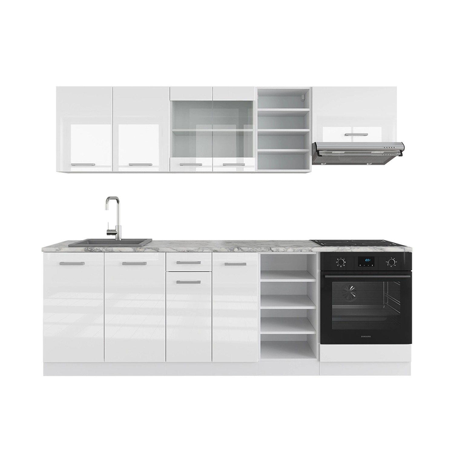 Vicco R-Line Küchenzeile Weiß Hochglanz/Weiß 240 cm ohne Arbeitsplatte günstig online kaufen