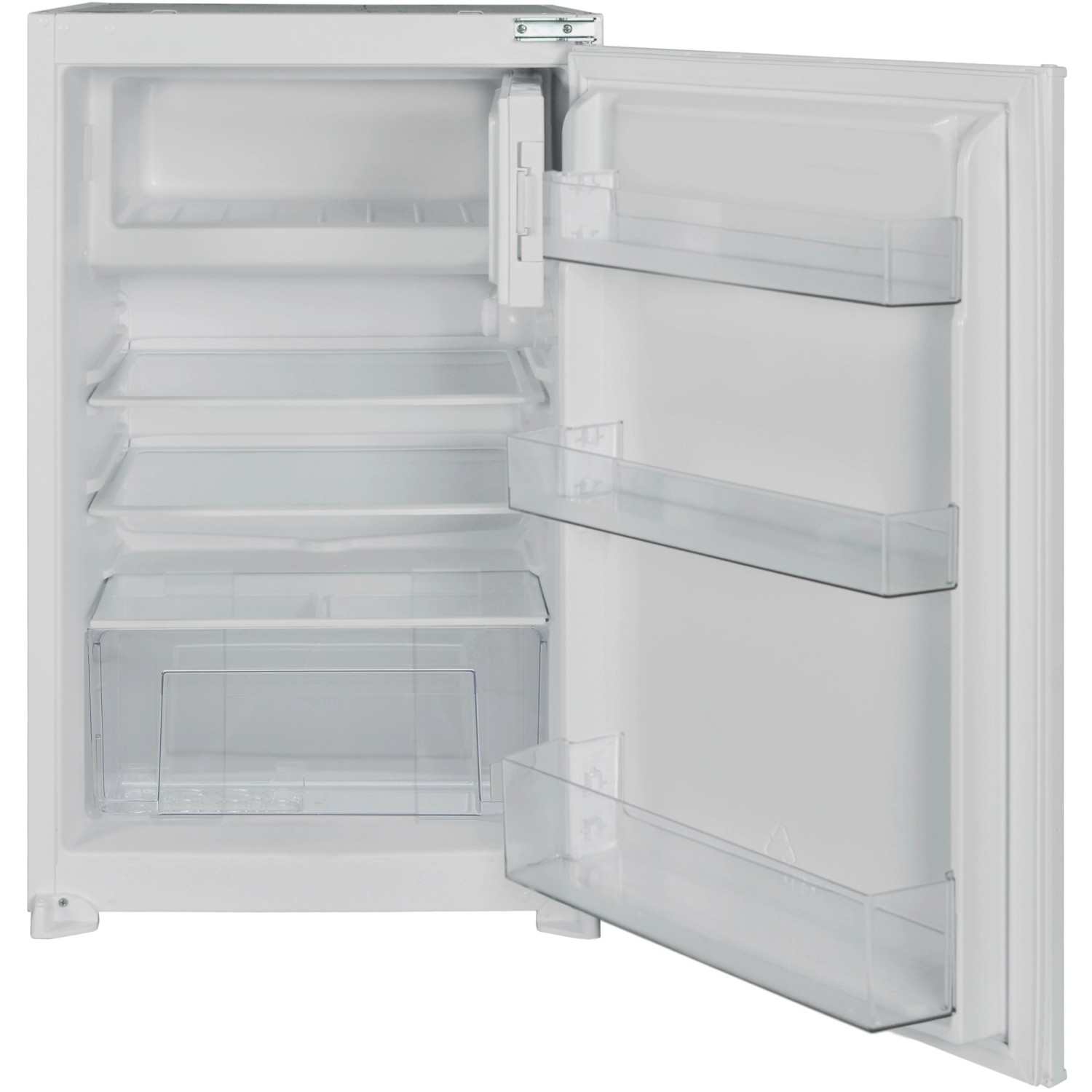 Offener, weißer Einbau-Kühlschrank der Küchenzeile Flex-Well Exclusiv Capri mit Regalen und Gefrierfach.