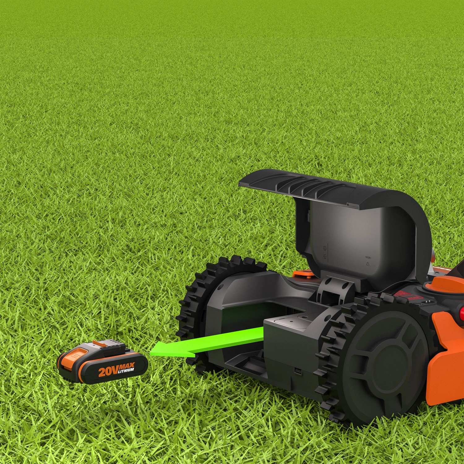 Worx Landroid M700 Mähroboter mit Akku auf Rasenfläche. Intelligente Rasenpflege für bis zu 700 m².