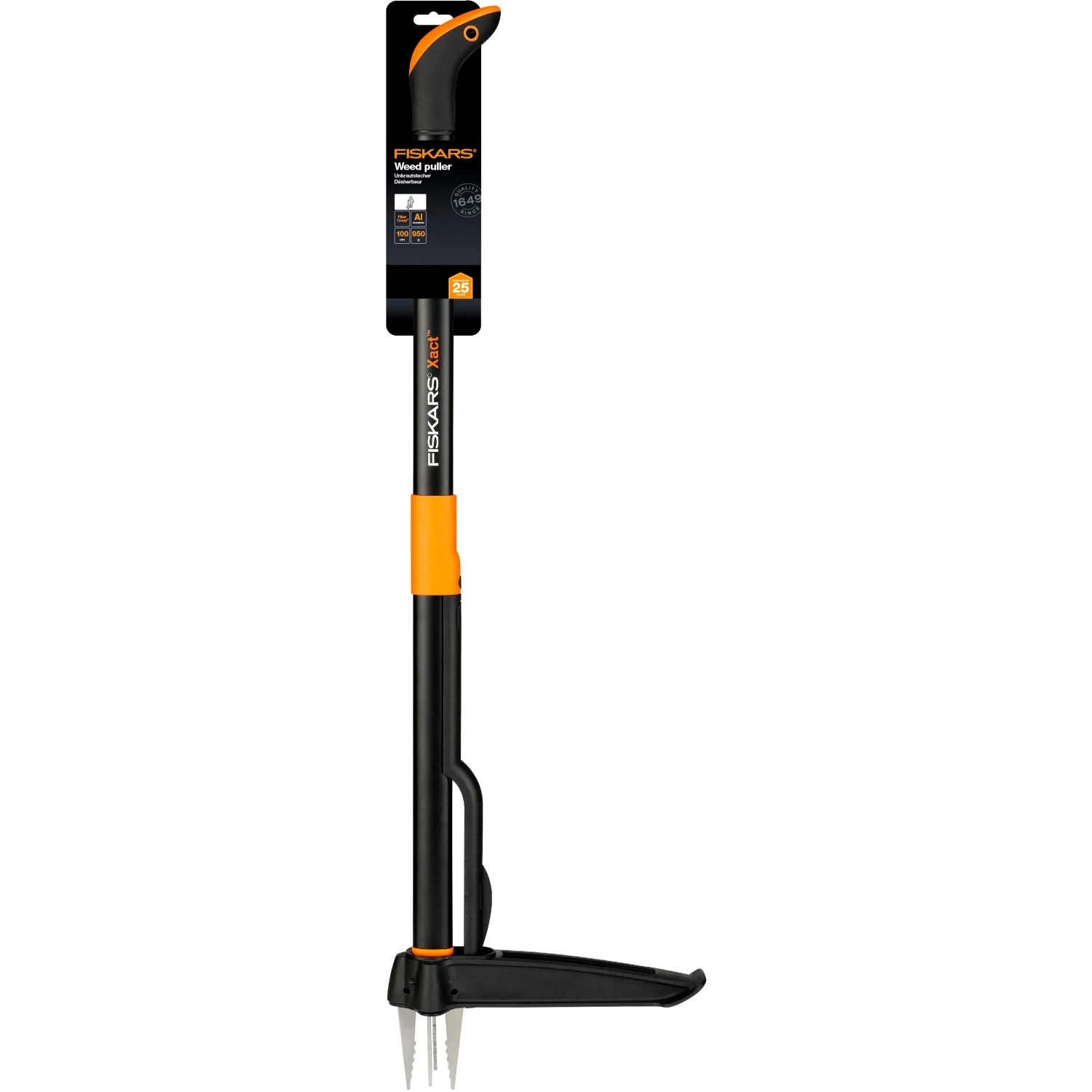 Fiskars Unkrautstecher Xact mit Teleskopstiel für rückenschonendes Unkraut entfernen.