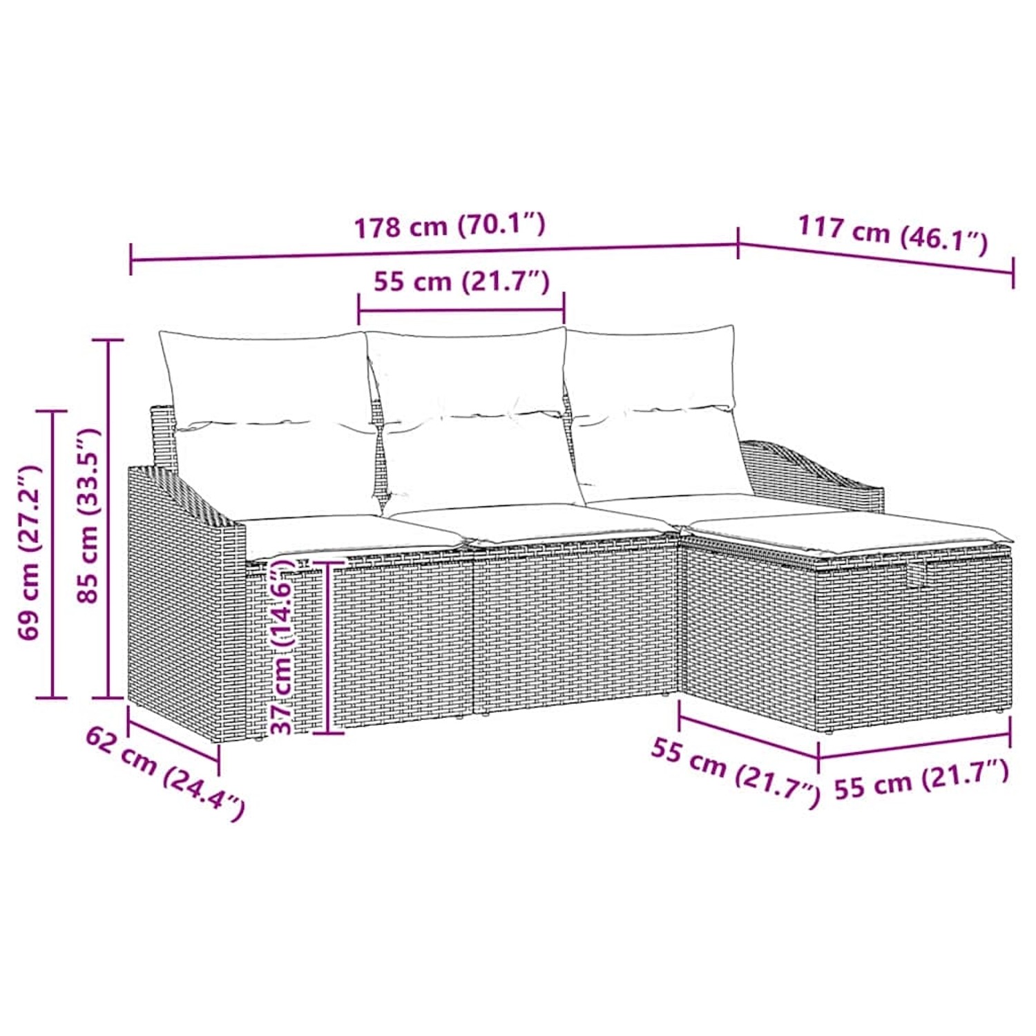 Braunes 4-tlg. vidaXL Garten-Sofa-Set aus Poly Rattan mit Kissen und Stauraum.