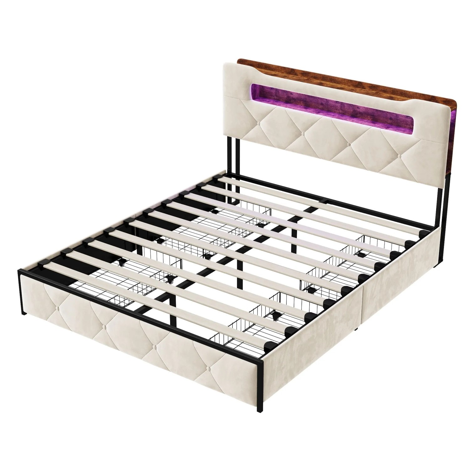 PXloue Bett 160x200cm-4 Eisenschubladen-Doppelbett mit Ladefunktion&LED-Beleuchtung Beige
