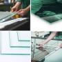 Details der Tulup Glasplatte für Kaminöfen: 4mm gehärtetes Glas, polierte Kanten, klares und bedrucktes Design. Bodenschutz Zubehör.