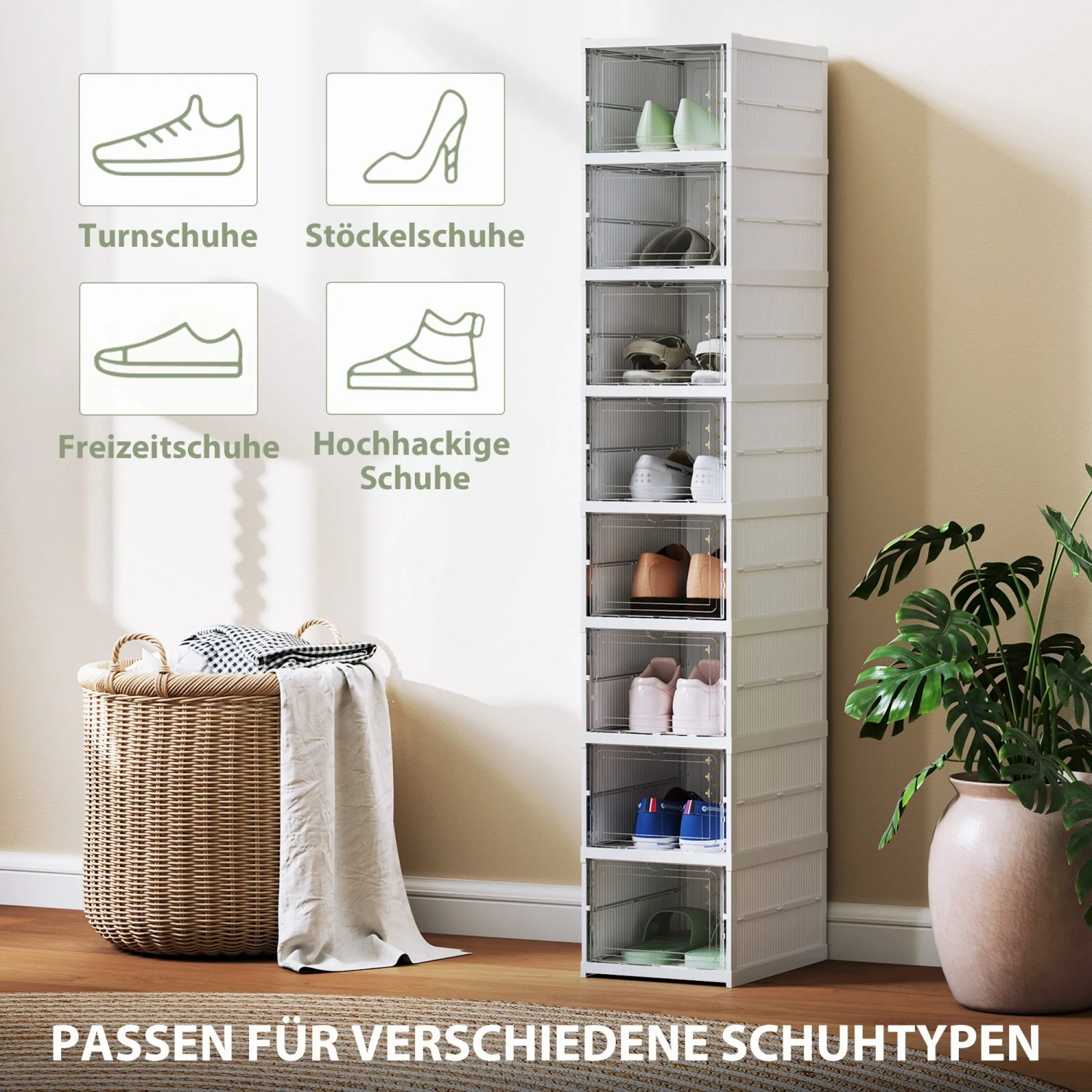 Weißes HOMCOM Schuhregal mit 8 Schuhboxen aus Kunststoff, gefüllt mit Schuhen.