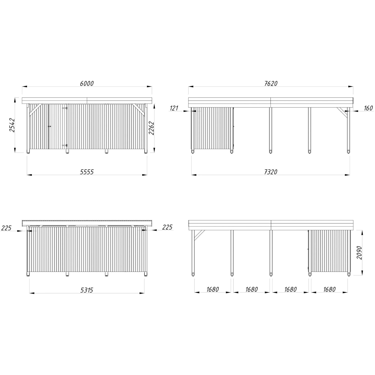 Technische Zeichnung: Palmako Carport Karl mit Geräteraum, Maße und Ansichten.