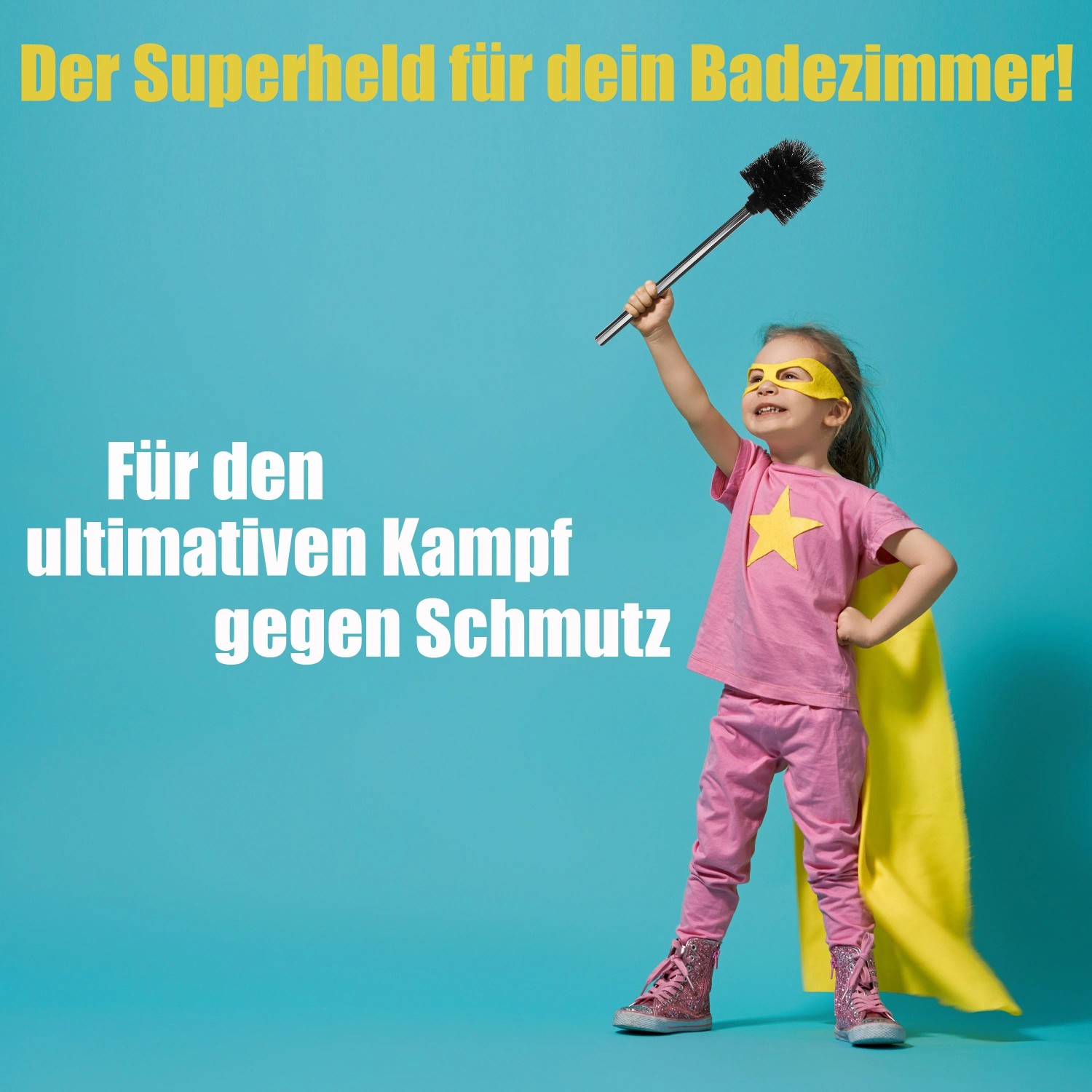 Kind als Superheld mit BigDean Klobürste, schwarze WC-Bürsten im 4er Set.