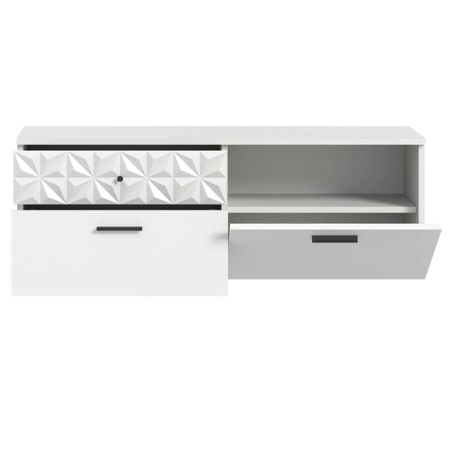 Hängender, weißer Schuhschrank mit Schubladen und 3D-Relief, 110 cm breit.
