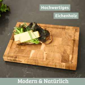 DELUKE Schneidebrett Holz Klein MILA KLINGENSCHONEND 28x20x2,5cm Stirnholz Eiche mit Saftrille Holzbrett Küchenbrett