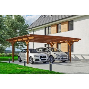 Skan Holz Carport Odenwald Nussbaum, Doppelcarport mit zwei parkenden Autos vor einem Haus.