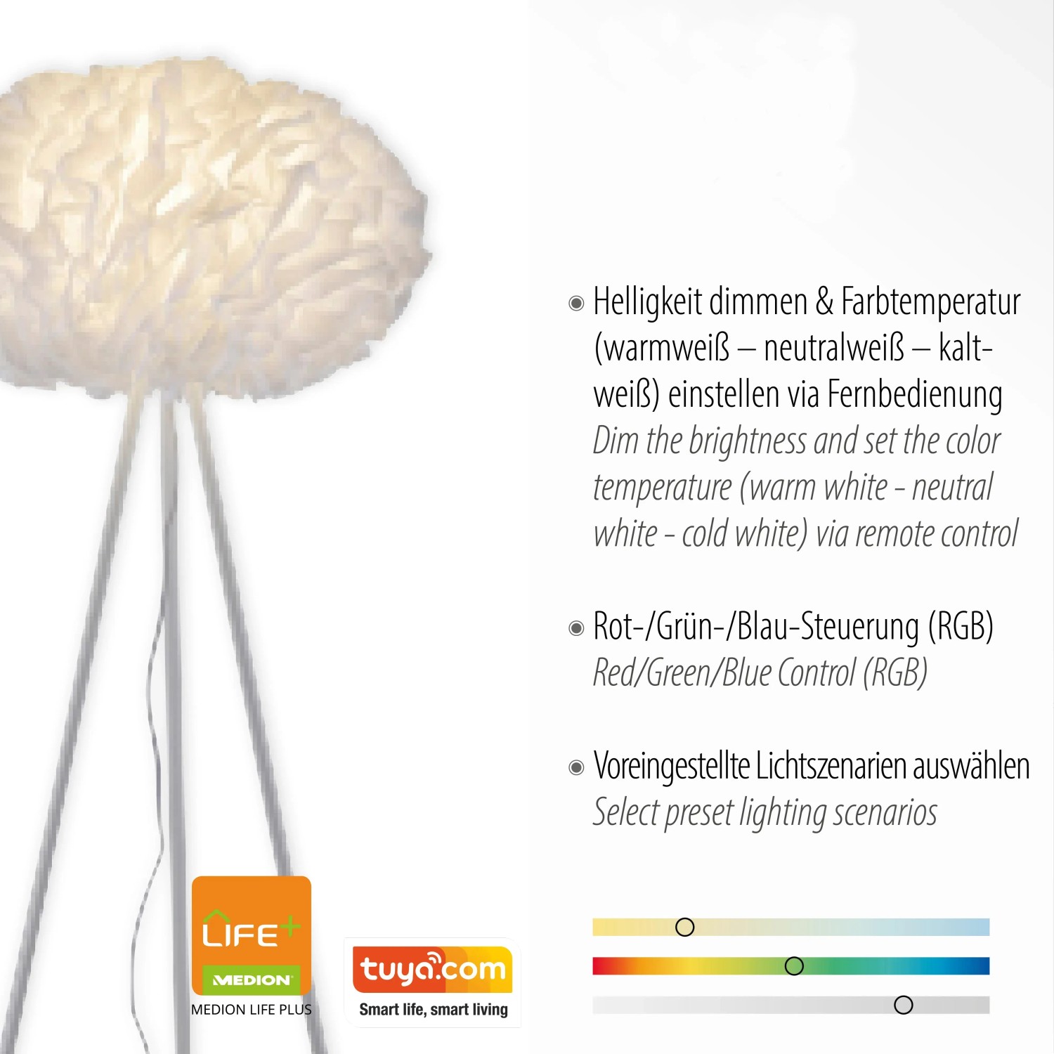 Weiße LED-Stehleuchte LOLAsmart-Naomi von Just Light, Höhe 140 cm, Stoffschirm.
