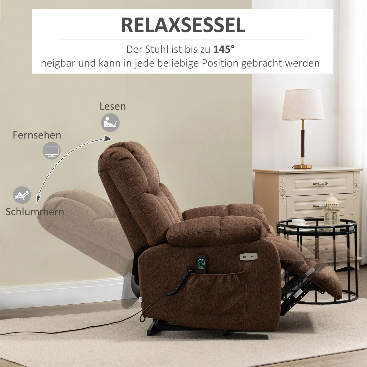 Brauner HOMCOM Relaxsessel mit Aufstehhilfe, verstellbar bis 145°, für Lesen, TV, Schlummern.