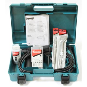 Makita Kombihammer SDS-Plus 800 W im Koffer mit Zubehör wie Bohrer und Meißel.