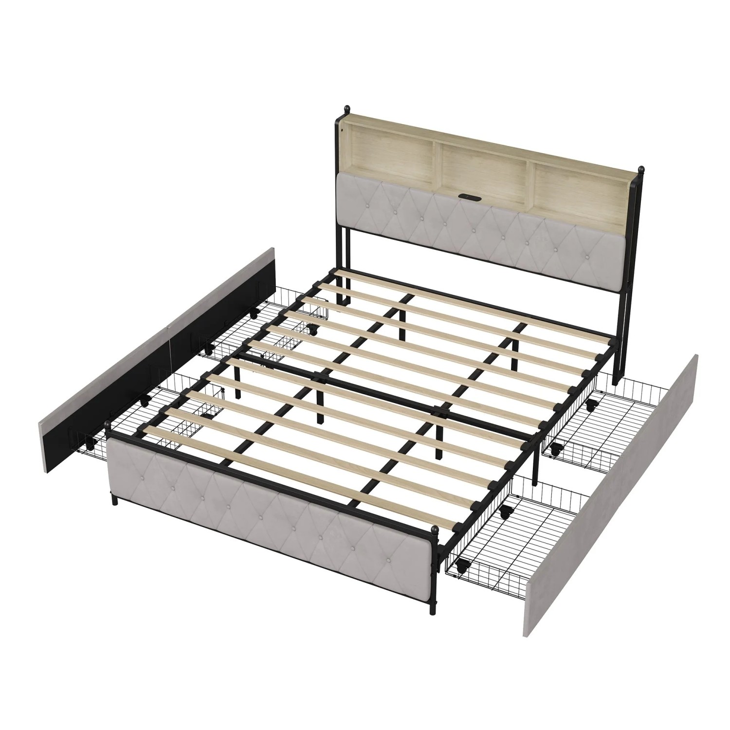 PXloue Doppelbett 180x200cm Metallrahmen mit  Schubladen und Ladestation Samt