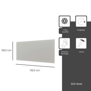 Fenix Infrarotheizung ECOSUN Glasheizung, 600W, Platinum Grey, mit Maßangaben.