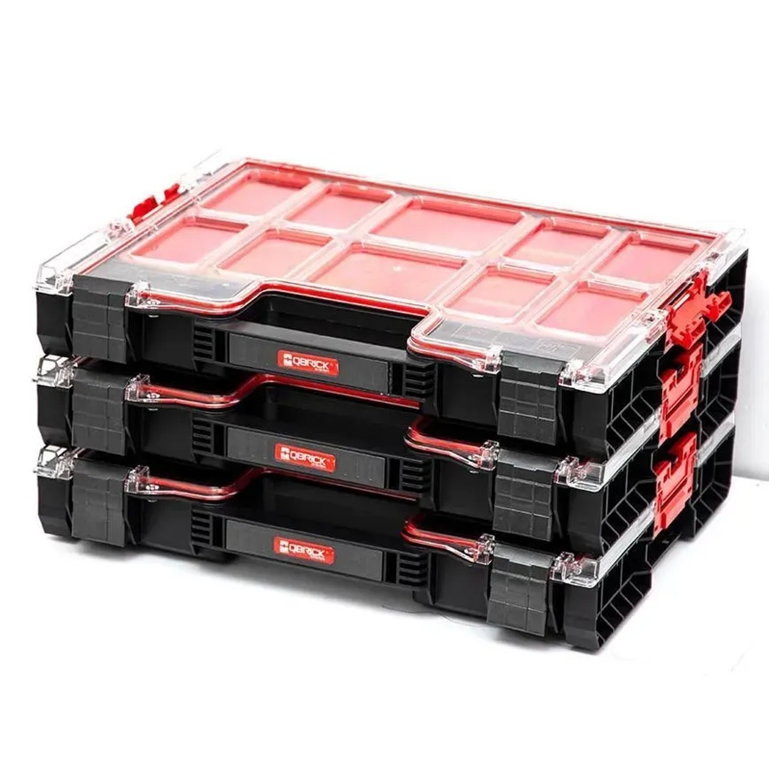 PROREGAL QBRICK Sortimentskästen, 3 Stück, schwarz, mit transparentem Deckel und roten Akzenten.