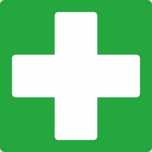 Türschild Verbandskasten mit weißem Kreuz auf grünem Grund, 12x4,5 cm.