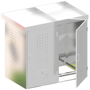 Mülltonnenbox Binto 2er Edelstahl mit Pflanzschale, eine Tür geöffnet.