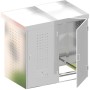 Mülltonnenbox Binto 2er Edelstahl mit Pflanzschale, eine Tür geöffnet.