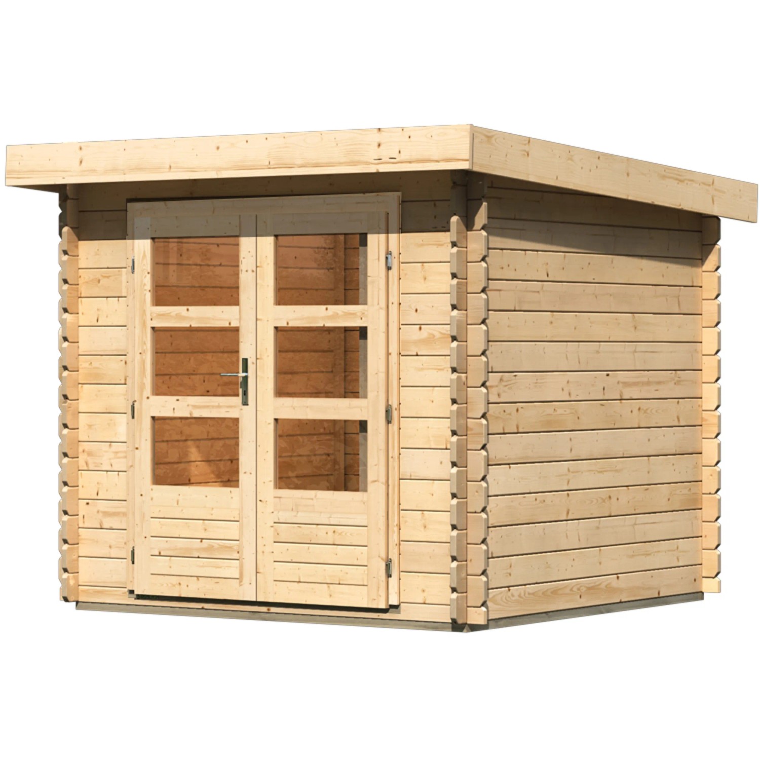Karibu Gartenhaus Ängelholm, unbehandeltes Holz, Pultdach, 220x220 cm. Kompaktes Holz-Gartenhaus mit Doppeltür.